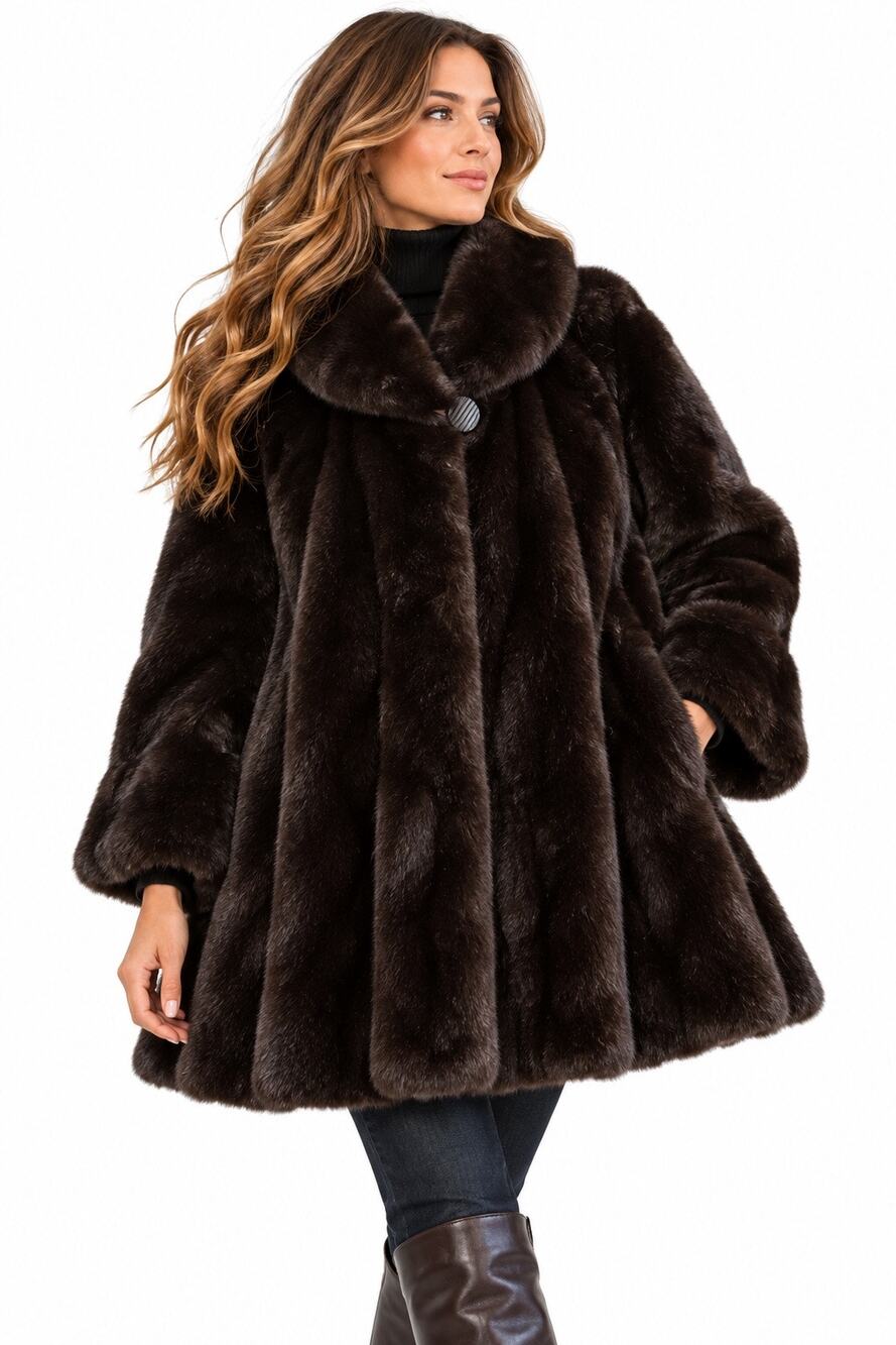 Vintage Tissavel Faux Fur Coat Chocolate Brown Swing Jacket Size L XL